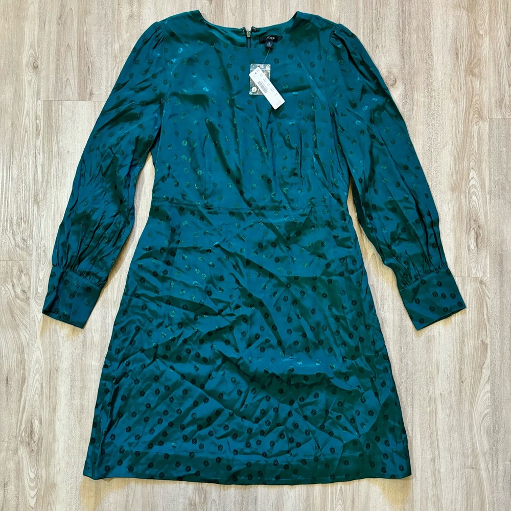 NEW J Crew Dress Women's Size 8 Polka Dot Teal Long Sleeve Shift Jacquard Empire